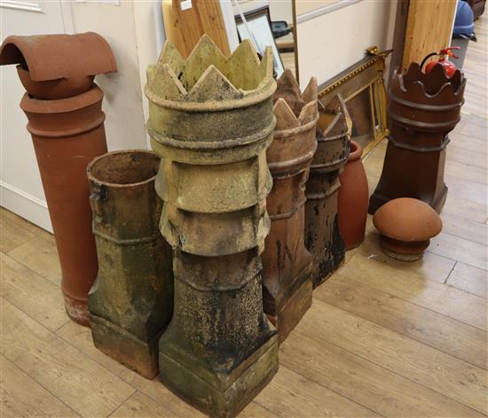 Seven earthenware chimney pots and two cowls Tallest 114cm